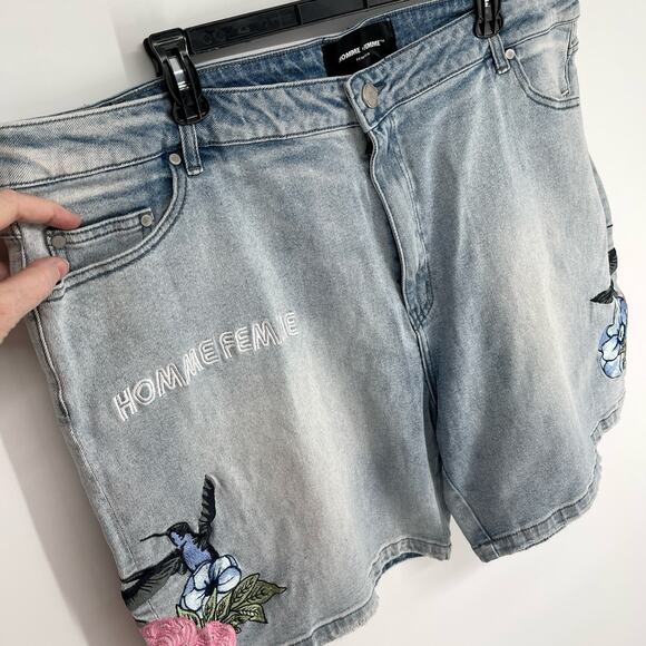 Homme + Femme NEW Embroidered Paradise Denim Shorts Unisex 44 Blue Hummingbird - Picture 2 of 12